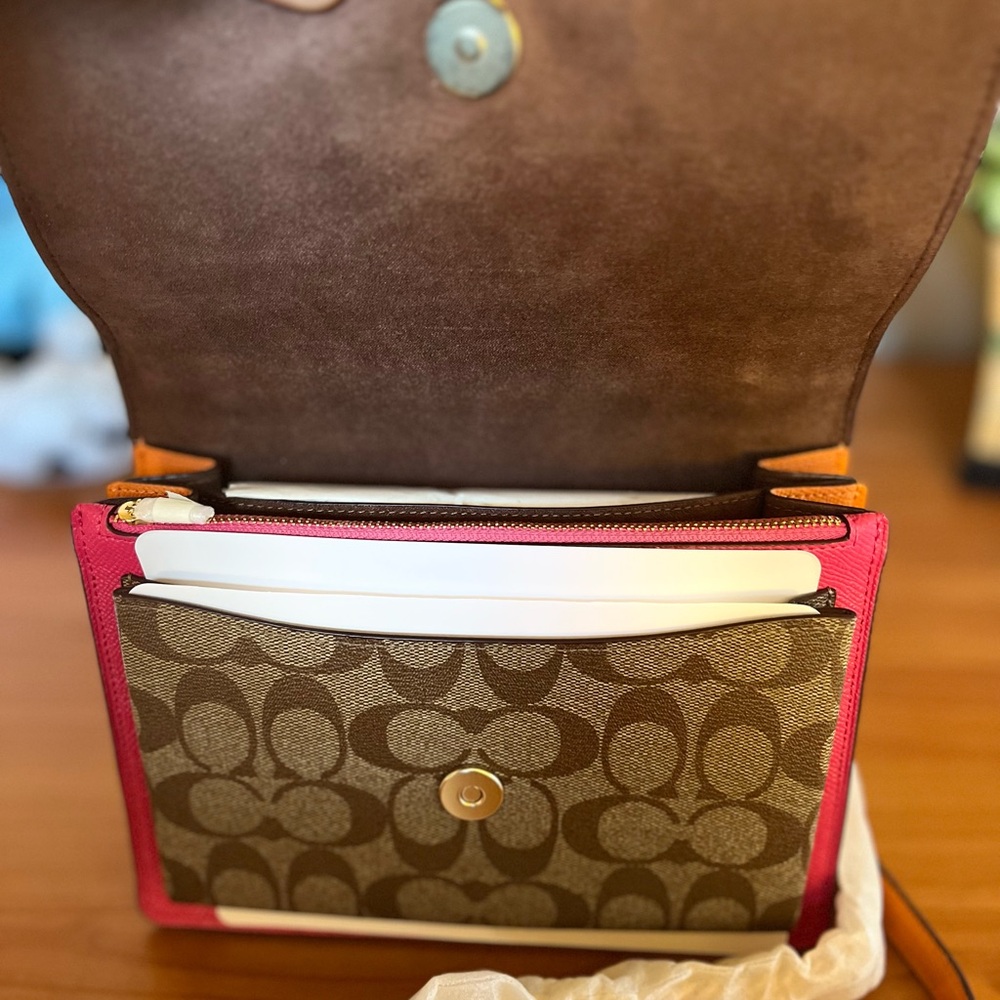Coach Brown and Pink Crossbody Bag with Signature Monogram